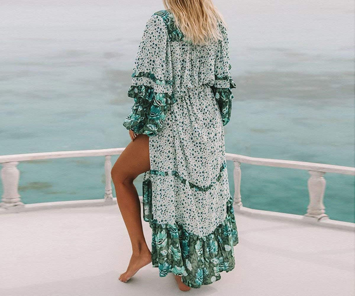 Women'S Long Sleeve Floral Print Bohemian Maxi Dresses with Slit