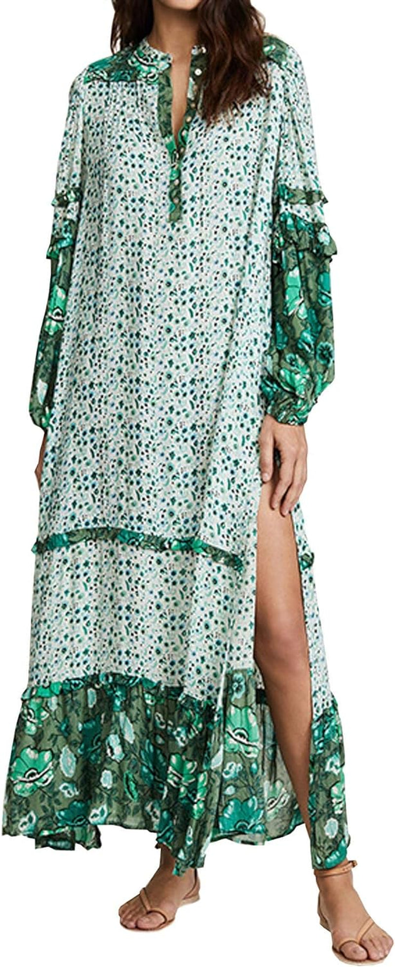 Women'S Long Sleeve Floral Print Bohemian Maxi Dresses with Slit