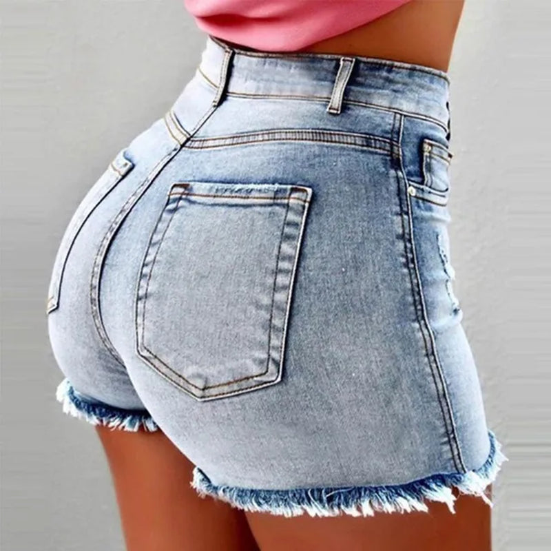 Women'S Denim Shorts Summer Lady Clothing High Waist Denim Shorts Women'S Fringe Frayed Ripped Jeans Hot Shorts with Pockets