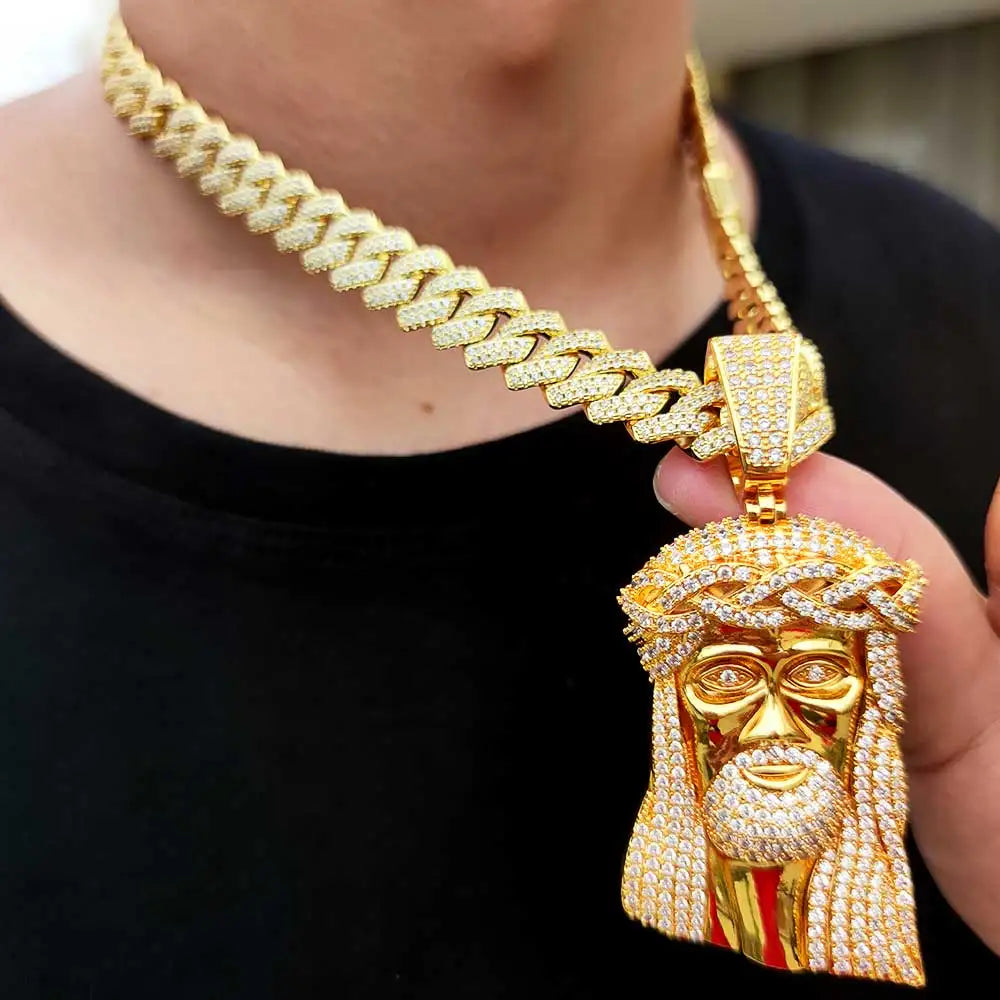 Dropshipping Necklaces Chain for Women Mens Full Iced Out Zircon Custom Big Jesus Pendant with Cuban Chain Hip Hop Jewelry